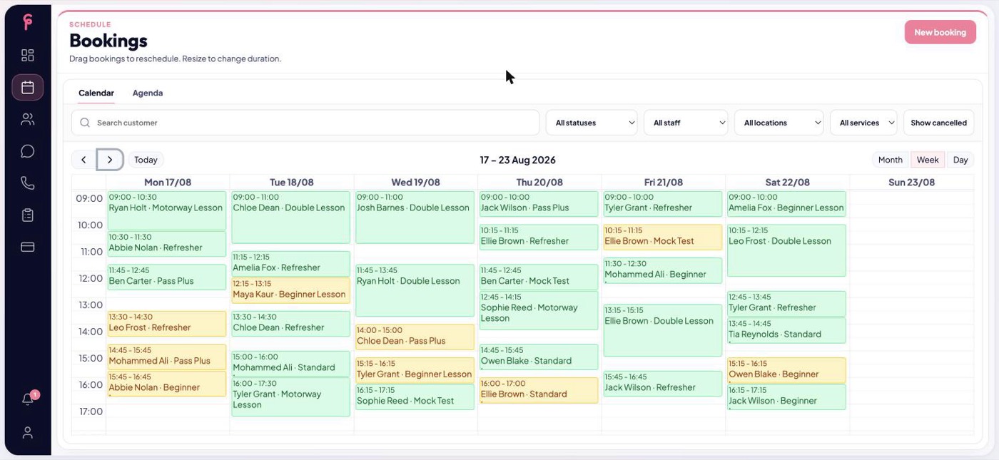 FlowBooker calendar showing a driving instructor's week of lessons