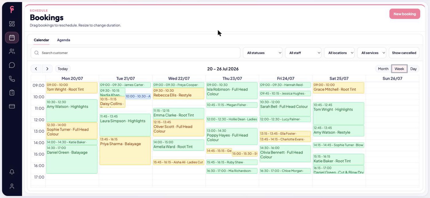 FlowBooker calendar showing a fully booked salon week
